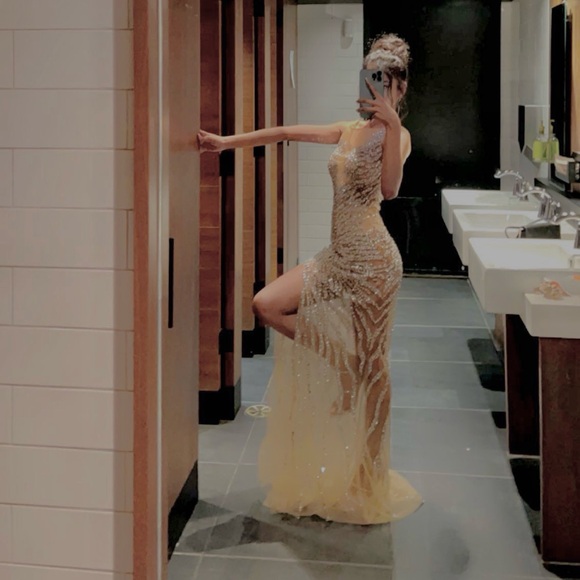 Bedazzled Mesh Gown - Picture 1 of 4